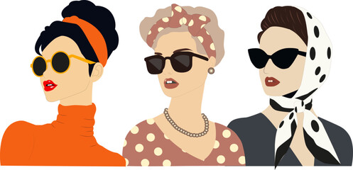 Retro women portraits in sunglasses set