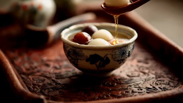Chinese lunar new year holiday celebration. Spring festival tradition. Chunjie. Asia. A closeup shot of a ceramic bowl containing a dessert with a glossy, dark liquid and a white egg.