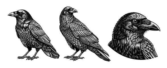 Obraz premium Raven head and full body in vintage line art