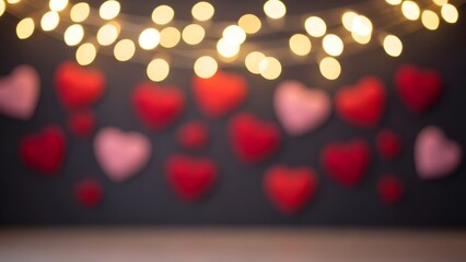 Blurred background with red and pink hearts and warm string lights for valentine's day or love...