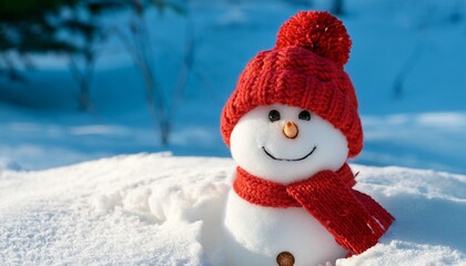 Fototapeta premium Cute Snowman Wearing Red Knit Hat On Snowy Winter Night