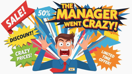 Cartoon businessman excited about crazy sale discounts and promotions
