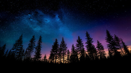 Naklejka premium Starlit forest creating safe peaceful space for emotional tranquility and anxiety relief, natural therapeutic environment, healing sanctuary, stress management destination, calming