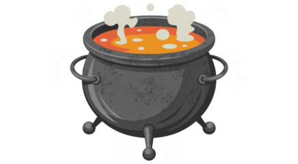 Boiling cauldron on black bubbling orange liquid steam isolated on a transparent background