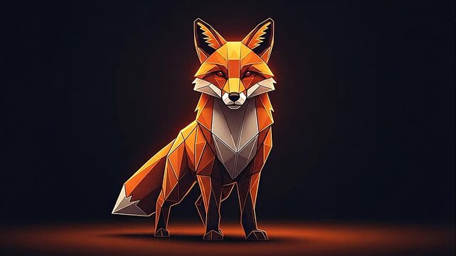 Geometric low poly fox sitting calmly with bright orange fur against a dark, dramatic background.