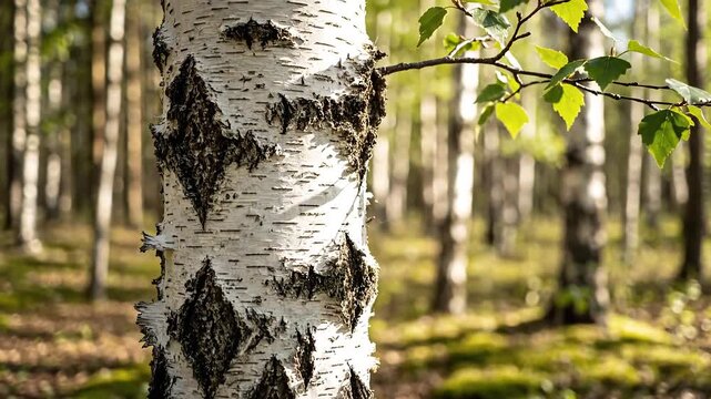 Closeup of a birch tree trunk with distinctive white bark in a sunlit forest.