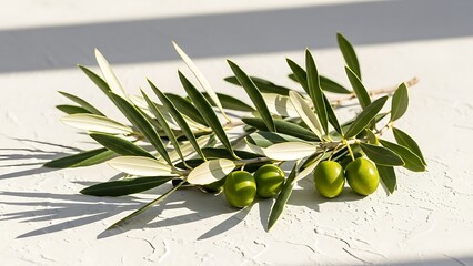 Fototapeta premium Fresh olive branch with green olives on white background, natural and organic produce