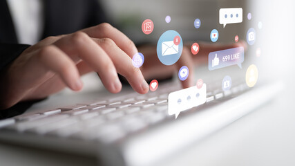 Multiple social media icons, likes, messages, and notifications representing online interaction, engagement, and digital communication Parse