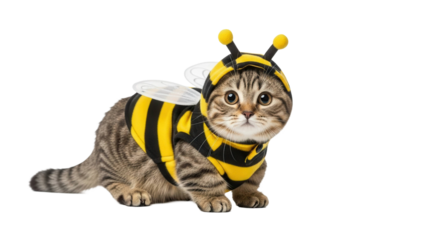 Cute kitten in bee costume with wings and antennae looking at camera, cut out, stock png, isolated on transparent background
