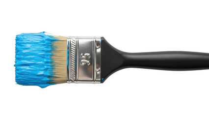Paintbrush with blue paint on bristles, cut out, stock png, isolated on transparent background