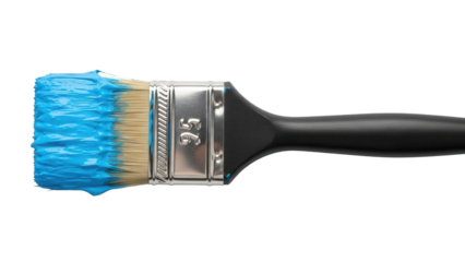 Paintbrush with blue paint on bristles, cut out, stock png, isolated on transparent background