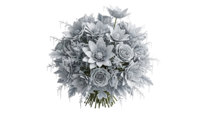 Winter bouquet with frosted flowers, ice, and icicles, cut out, stock png, isolated on transparent background