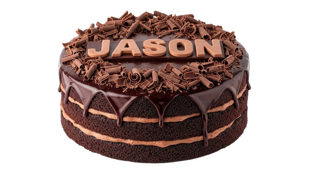 Chocolate layer cake with JASON name and chocolate shavings on top, cut out, stock png, isolated on transparent background