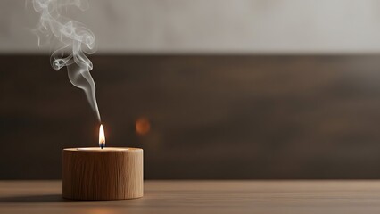 Serene ambiance created by a lit candle on a wooden table in a peaceful room