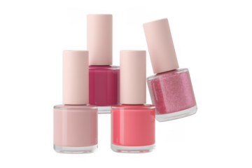 Four bottles of pink nail polish beauty cosmetics isolated on a transparent background
