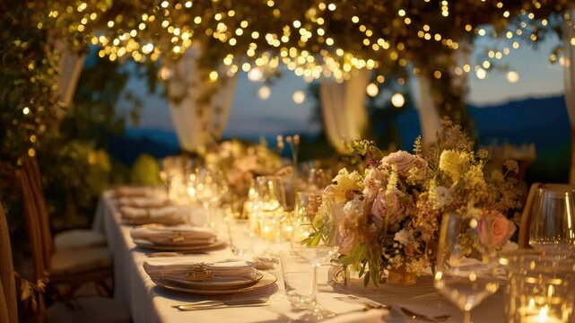 Elegantly decorated table for an outdoor wedding reception at night. Romantic dinner setting with flowers, candles, and glowing fairy lights. Luxury event and celebration concept