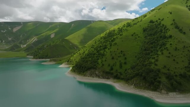 aerial view of the largest and deepest high-mountain Lake Kezenoy-am in the North Caucasus, located on the border of the Chechen Republic and the Botlikhsky district of Dagestan, Russia.