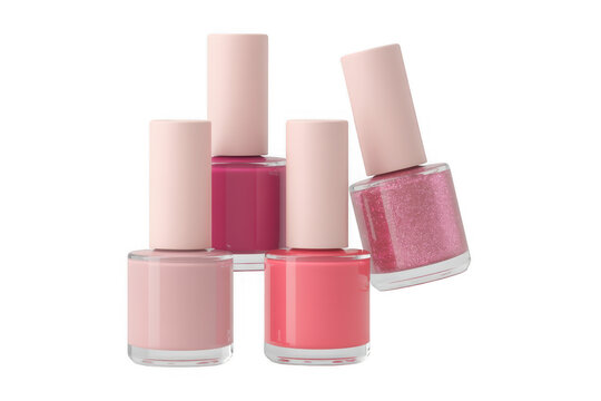 Four bottles of pink nail polish beauty cosmetics isolated on a transparent background