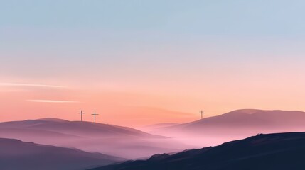 Crosses on Misty Hills at Dawn with Soft Light