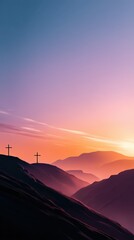Christian Crosses on Mountain Landscape at Colorful Sunrise