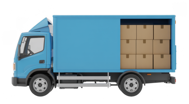 Blue delivery truck with cardboard boxes transportation isolated on a transparent background - Powered by Adobe