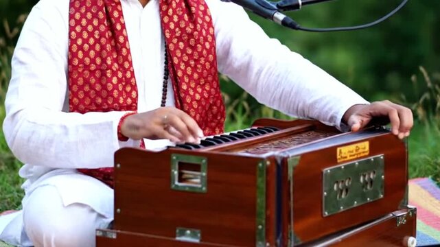 Traditional Musician Playing Harmonium Outdoors