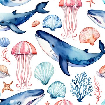 Watercolor Ocean Life Pattern With Whales, Jellyfish, Seashells and Coral for Stock Imagery

