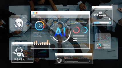 Innovative Business Meeting Showcasing Advanced AI Technologies and Digital Interfaces with Diverse Professionals Collaborating and Analyzing Data Insights Gluon.