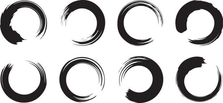 Abstract black paint brushstroke circles pack. Enso zen ink brush style symbol set. one line Art icon drawing vector