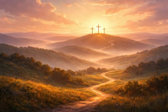Glowing Sunset Over Rolling Hills with Three Crosses on Horizon