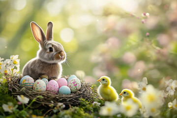 Adorable Easter Bunny with Chicks and Eggs in a Spring Garden