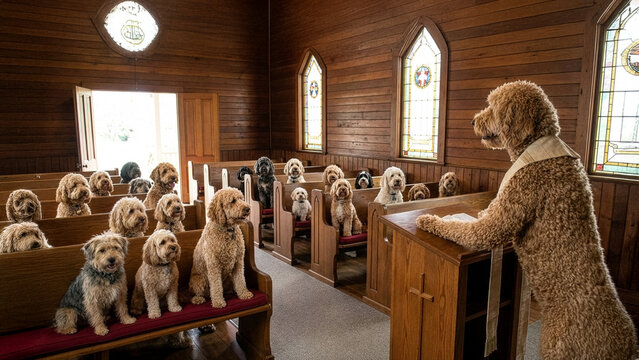 Sunday services at a Goldendoodle church with an attentive group of Goldendoodles listening to a sermon.