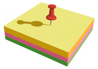 Colorful sticky notes with red push pin yellow isolated on a transparent background