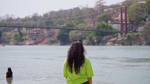 Indian Woman Looking at Ram Jhula, Rishikesh