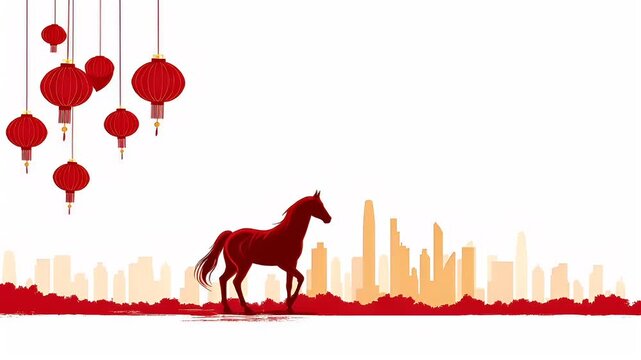 Chinese lunar new year holiday celebration. Spring festival tradition. Chunjie. Asia. A stylized depiction of a horse standing against a city skyline. The horse is depicted in a side profile.