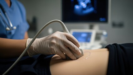 Obraz premium Medical professional performing ultrasound on pregnant womans abdomen, showcasing advanced technology in a clinical setting, emphasizing prenatal care and maternal health