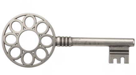 Antique silver key with circular bow vintage isolated on a transparent background