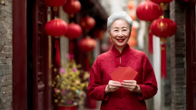 Chinese lunar new year holiday celebration. Spring festival tradition. Chunjie. Asia. A portrait of a woman in a red cheongsam holding red envelopes.