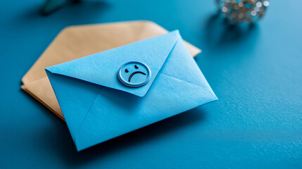 Blue Monday concept note with sad face symbol in blue envelope, seasonal depression awareness, mental health recognition, emotional wellness reminder, psychological support visuali