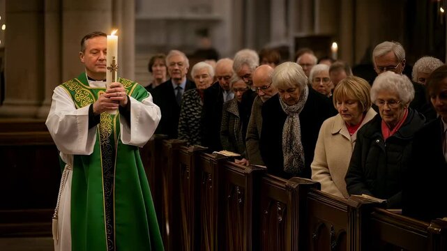 Catholic priest holds a lit paschal candle during a Palm Sunday church service as diverse congregation prays inside a dark chapel