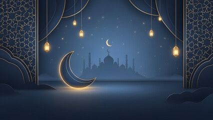 Serene Night Scene with Glowing Crescent Moon, Mosque Silhouette, and Elegant Lanterns Amidst Intricate Islamic Patterns, Creating a Peaceful and Spiritual Ambience