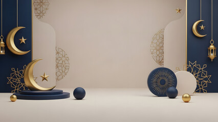 Islamic Geometric Pattern with Crescent Moon and Lanterns, Festive Background for Ramadan and Eid Celebrations