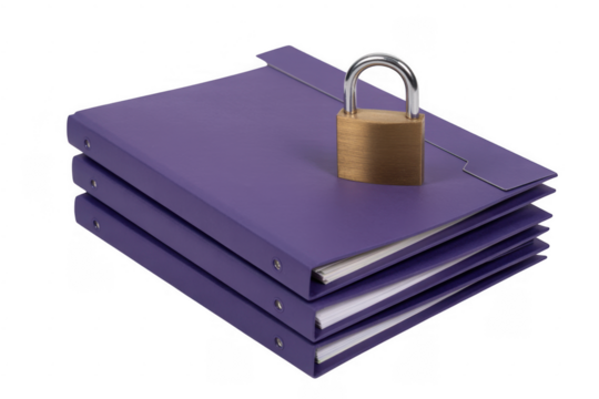 Stack of purple folders with a padlock stack of folders isolated on a transparent background - Powered by Adobe