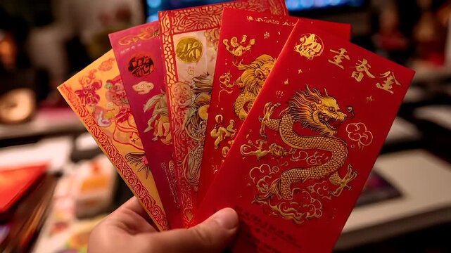 Chinese lunar new year holiday celebration. Spring festival tradition. Chunjie. Asia. A hand holding a red packet with a golden dragon design on it. The packet is red with gold detailing.