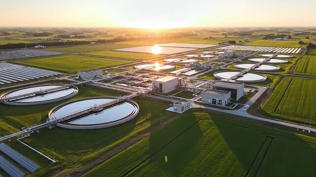 Aerial video footage of a modern wastewater treatment plant at sunset with circular clarifier tanks and surrounding farmland, representing water infrastructure and environmental management.

