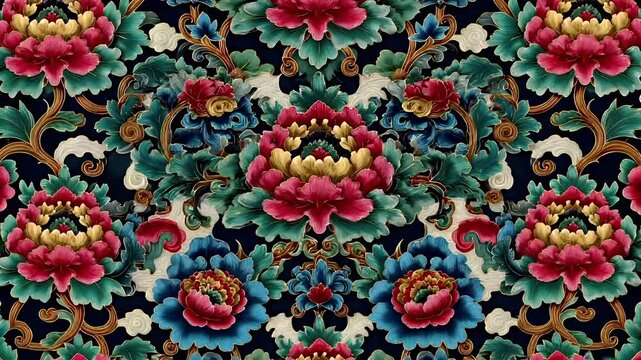 Chinese lunar new year holiday celebration. Spring festival tradition. Chunjie. Asia. A detailed and intricate floral pattern with a richly colored, ornate design. The main subject is a vibrant.