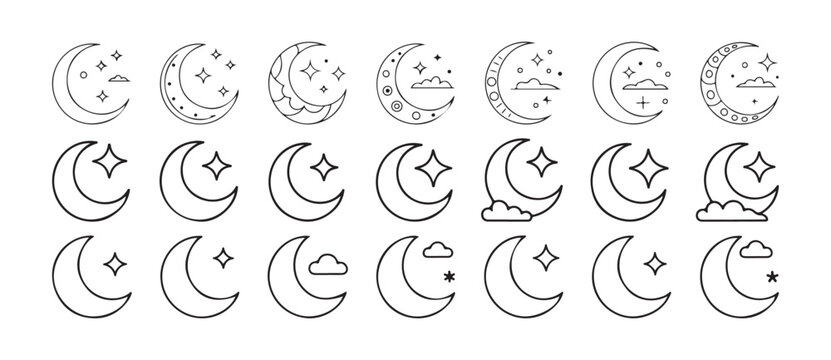 Moon Phases Icons Set, with Stars and Clouds, Lunar Phases Outline and Solid Icon, Crescent Moon, Night Sky Elements. vector illustration eps 10