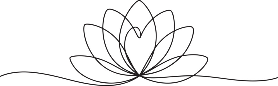 Continuous line, lotus blossom vector illustration with transparent background. one line Art icon drawing vector