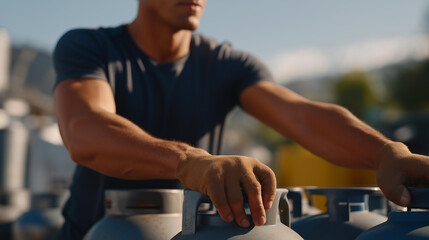 People sorting full and empty cylinders at a gas distribution center, visual inspection and organized stacking emphasizing operational safety, stock control, refilling cycles, and industrial fuel