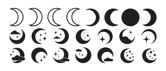 Fototapeta premium Moon Phases Icons Set, with Stars and Clouds, Lunar Phases Outline and Solid Icon, Crescent Moon, Night Sky Elements. vector illustration eps 10